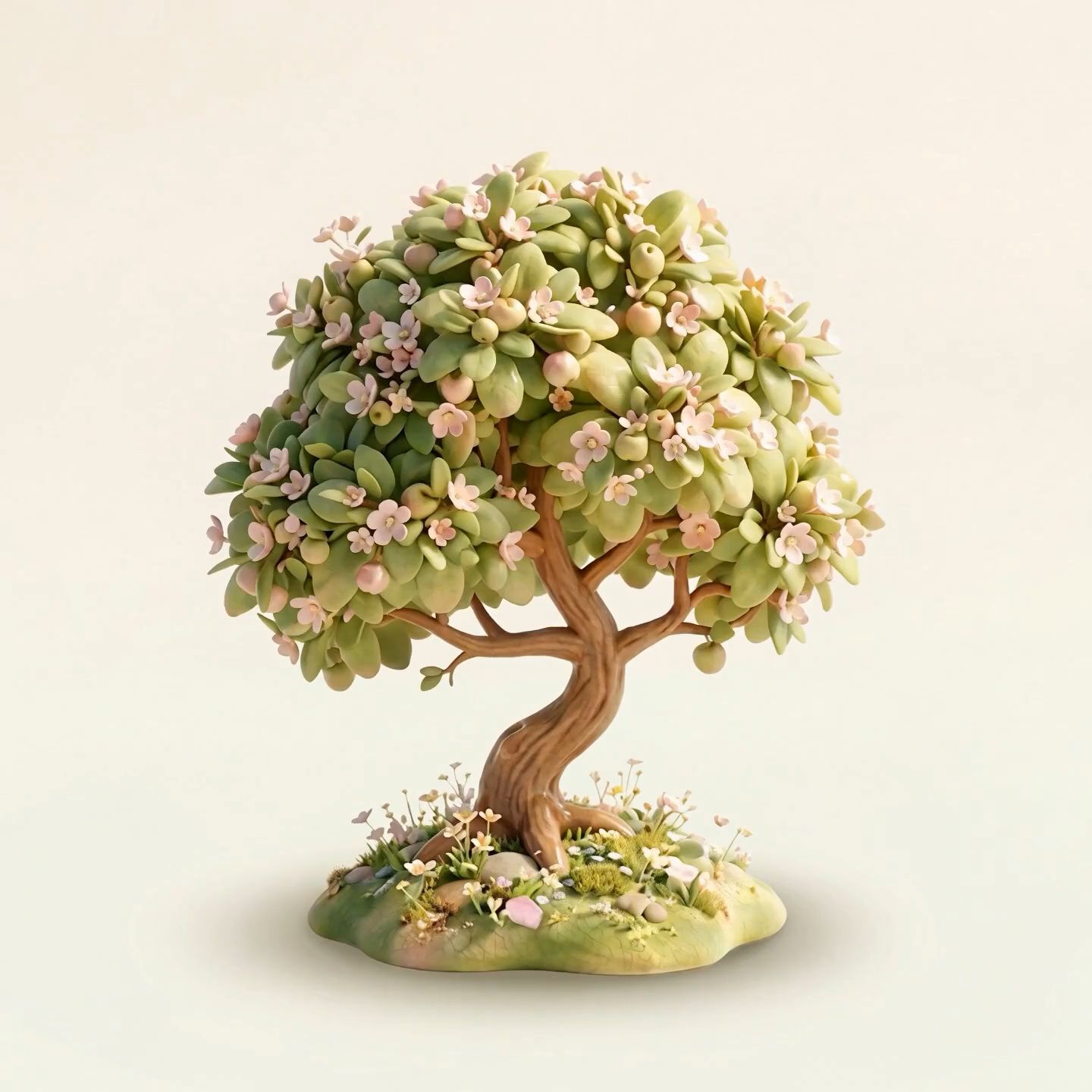 Soft canopy, a flowering tree on a small moss-covered island