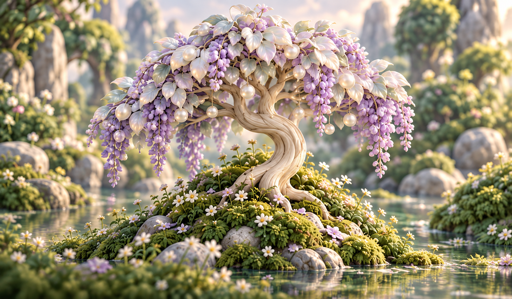 A fantastical pale tree with hanging purple flowers