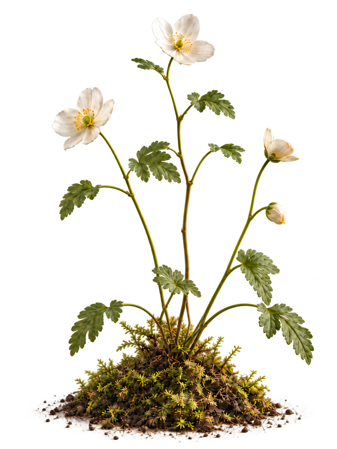 A delicate white-flowered plant with slender green stems, growing from a small mound of moss and earth.