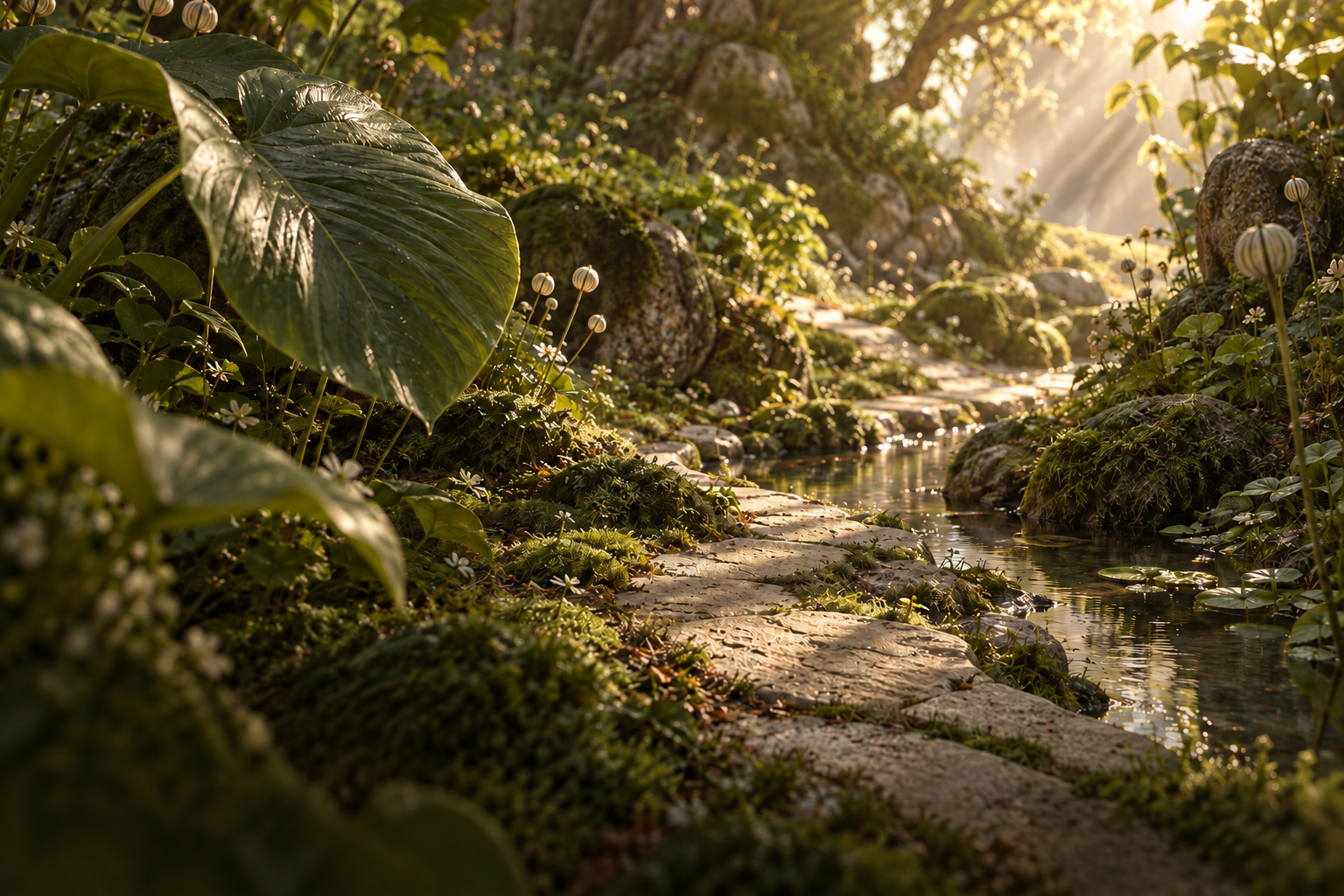 Warm sunlight falls through a hidden woodland, beside a stone path and a quiet stream.