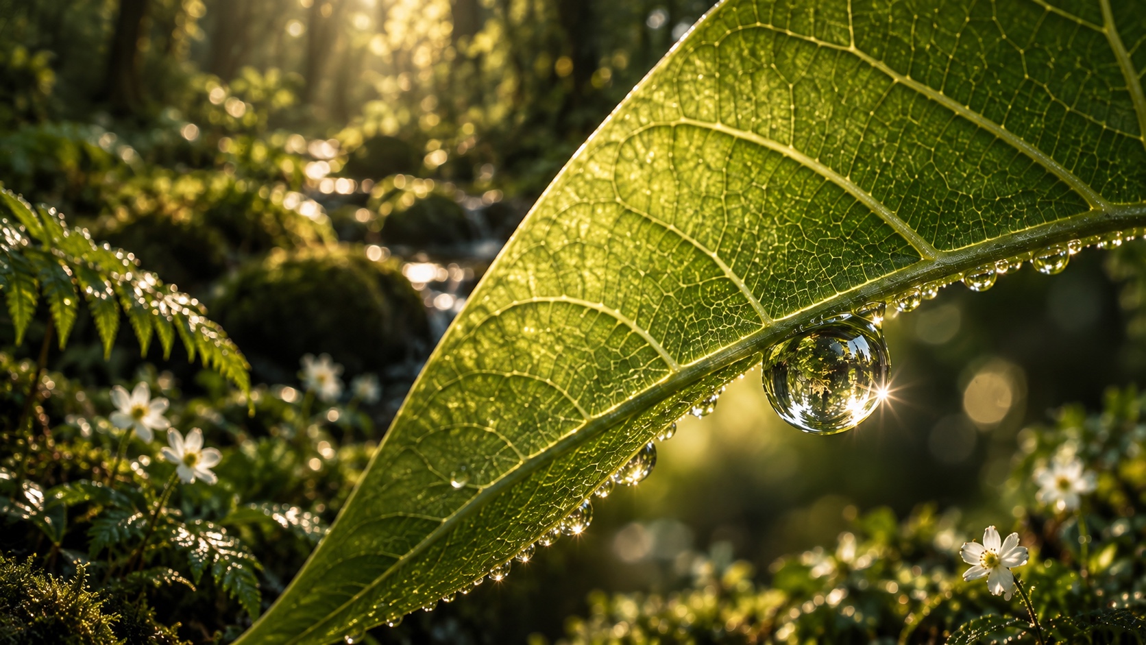 An exceptionally clear dewdrop reflects a tiny woodland beneath a translucent, finely veined green leaf.